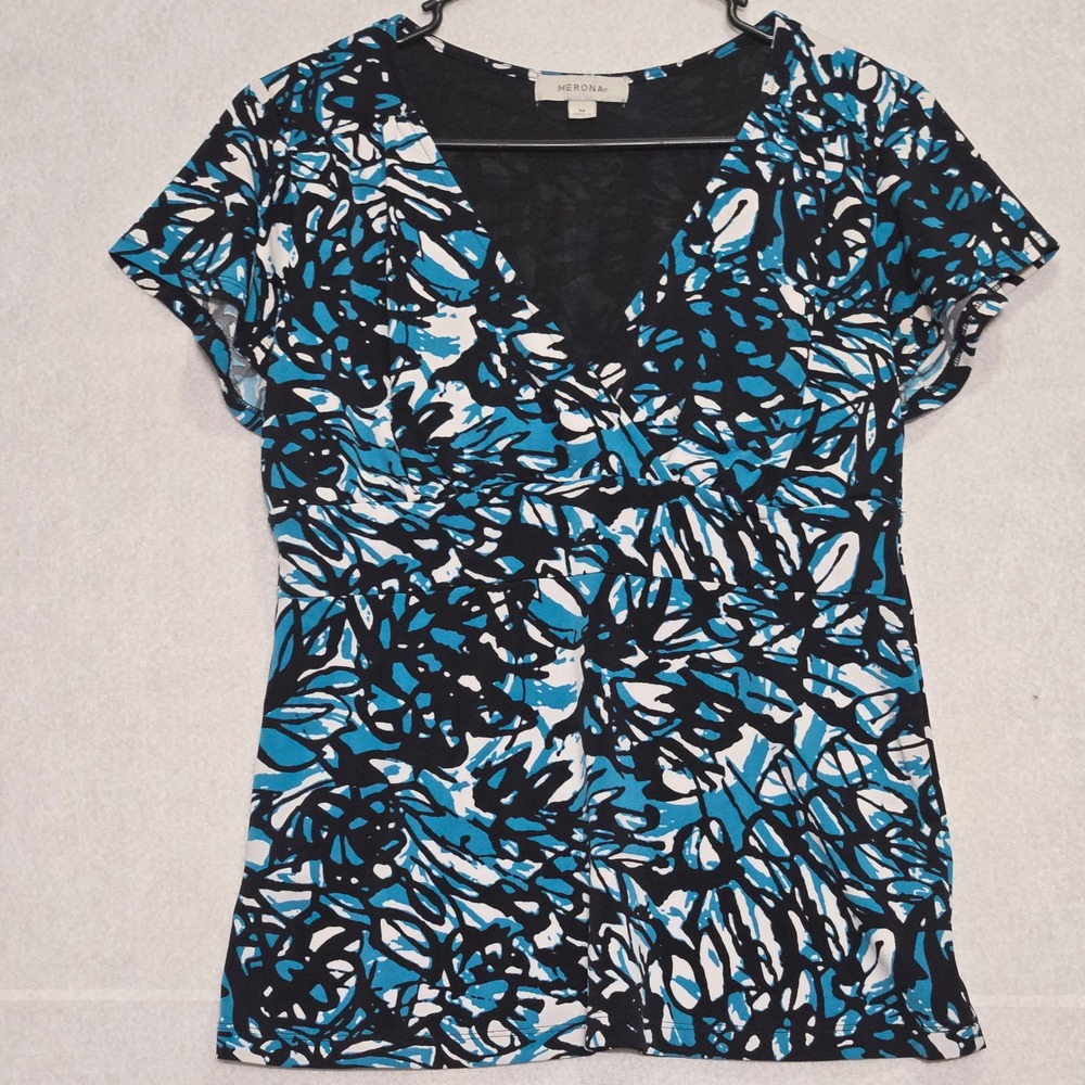Merona Womens Blue Black Abstract Floral V-Neck Faux Wrap Top Size M BA169